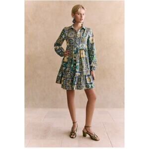 SEZANE x MOMONI Sz 36 4 Himelda Mosaic Blue Green Shirt Dress NWT